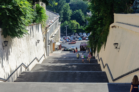 Descent stairs to the Tamozhennaya Square at the beginning of Lanzheronovskaya street in Odessa, Ukraineのeditorial素材