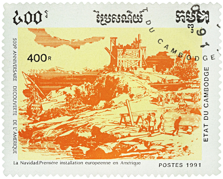 MOSCOW, RUSSIA - NOVEMBER 04, 2016: A stamp printed in Cambodia shows La Navidad, founded by Columbus in America (1492), series "The 500th Anniversary of Discovery of America by Columbus", circa 1991のeditorial素材