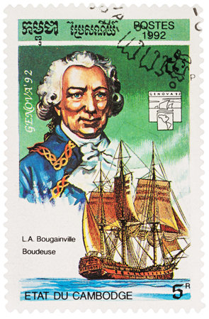 MOSCOW, RUSSIA - NOVEMBER 12, 2016: A stamp printed in Cambodia shows Louis de Bougainville (1729-1811) and ship "La Boudeuse", series "Exhibition Genova '92 - Navigators and their Ships", circa 1992のeditorial素材