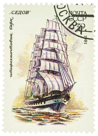 MOSCOW, RUSSIA - NOVEMBER 19, 2016: A stamp printed in USSR (Russia) shows image of Russian four-masted barque "Sedov" (1921), series "Cadet Sailing Ships", circa 1981のeditorial素材