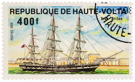 MOSCOW, RUSSIA - NOVEMBER 20, 2016: A stamp printed in Upper Volta (Burkina Faso) shows sailing ship "True Briton", series "Ships", circa 1984のeditorial素材
