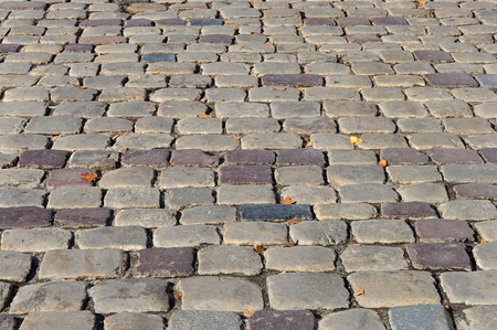 Fragment of old grey cobblestone road with yellow leavesの写真素材