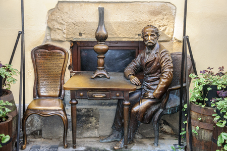 Lviv, Ukraine - September 07, 2016: Monument to Jan Zeh and Ignacio Lukasiewicz, the inventors of the kerosene lampのeditorial素材