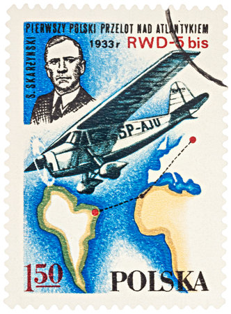 MOSCOW, RUSSIA - January 23, 2017: A stamp printed in Poland shows Stanislaw Skarzynski (the first Polish transatlantic flight in 1933), series "The Development of Air Traffic in Poland", circa 1978のeditorial素材