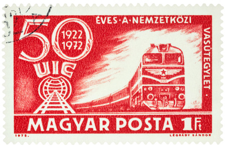 MOSCOW, RUSSIA - Febuary 10, 2017: A stamp printed in Hungary, shows train, devoted to the 50th Anniversary of the International Railroad Union Congress, Budapest, circa 1972のeditorial素材