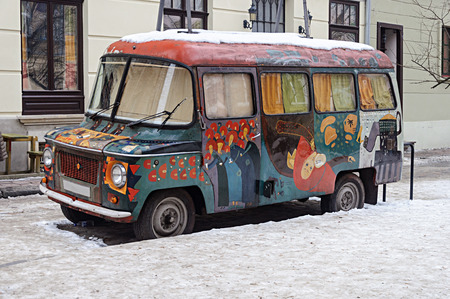 Lviv, Ukraine - February 01, 2017: Funny painted minivan, winter timeのeditorial素材