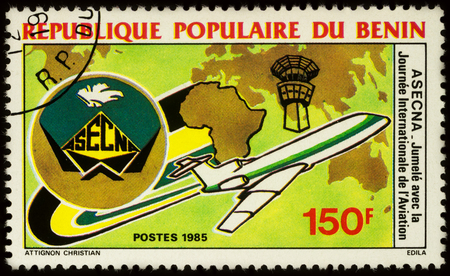 Moscow, Russia - July 07, 2017: A stamp printed in Benin shows passenger airliner, devoted to the 25th Anniversary of Aerial Navigation Security Agency for Africa and Malagasy (ASECNA), circa 1985のeditorial素材