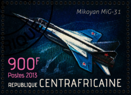 Moscow, Russia - July 12, 2017: A stamp printed in Central African Republic shows supersonic interceptor aircraft Mikoyan MiG-31 (Foxhound), series "Airplanes", circa 2013の写真素材