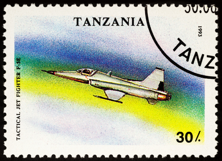 Moscow, Russia - July 15, 2017: A stamp printed in Tanzania shows American Jet Fighter F5E, series "Military Aircraft", circa 1993のeditorial素材
