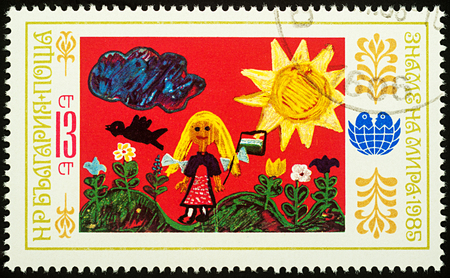 Moscow, Russia - August 03, 2017: A stamp printed in Bulgaria shows children's drawing of girl in the countryside, series "Children`s Drawings", circa 1985のeditorial素材