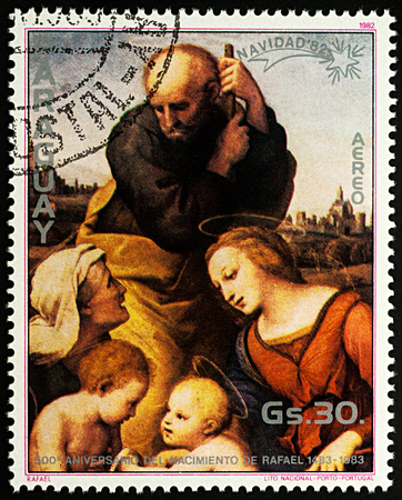 Moscow, Russia - August 22, 2017: A stamp printed in Paraguay, shows painting "Holy Family" by Raphael, series "The 500th Anniversary of the Birth of Raphael, 1483-1520 - Christmas", circa 1982のeditorial素材