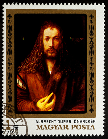 Moscow, Russia - August 26, 2017: A stamp printed in Hungary, shows painting "Self portrait" by Albrecht Durer (1471-1528), series "450th Death Anniversary of Durer", circa 1978のeditorial素材