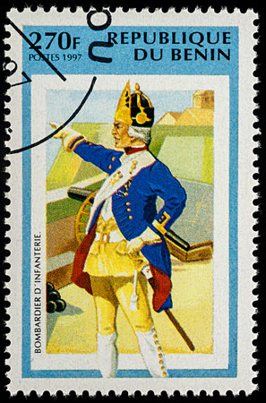 Moscow, Russia - September 05, 2017: A stamp printed in Benin, shows Infantry Bomber, series "Prussian Uniforms", circa 1997のeditorial素材