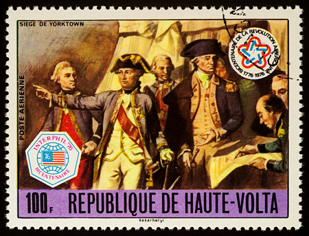 Moscow, Russia - September 04, 2017: A stamp printed in Upper Volta (Burkina Faso), shows Siege of Yorktown, series "American Revolution Bicentenary", circa 1976のeditorial素材