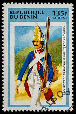 Moscow, Russia - September 05, 2017: A stamp printed in Benin, shows Infantry Grenadier, series "Prussian Uniforms", circa 1997のeditorial素材