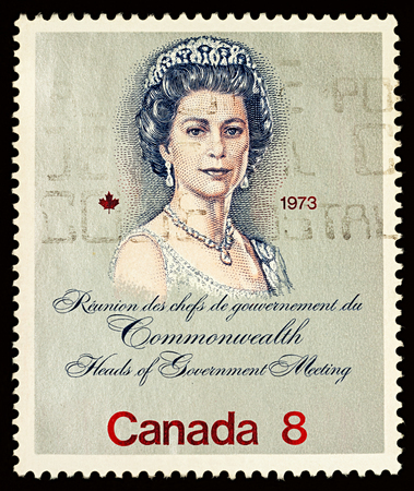 Moscow, Russia - September 06, 2017: A stamp printed in Canada, shows Queen Elizabeth II, devoted to the Royal Visit and Commonwealth Heads of Government Meeting, Ottawa, circa 1973のeditorial素材