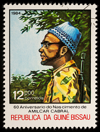 Moscow, Russia - September 10, 2017: A stamp printed in Guinea-Bissau, shows Amilcar Cabral, political leader, series "The 60th Anniversary of the Birth of Amilcar Cabral, 1924-1973", circa 1984のeditorial素材