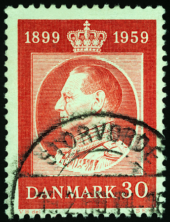 Moscow, Russia - November 03, 2017: A stamp printed in Denmark shows Danish King Frederick IX (1899-1972), series "The 60th Anniversary of the Birth of King Frederick IX", circa 1959のeditorial素材