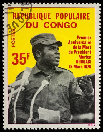 Moscow, Russia - November 05, 2017: A stamp printed in Congo shows portrait of President Marien Ngouabi (1938-1977), series, circa 1978のeditorial素材
