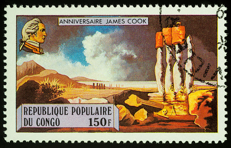 Moscow, Russia - November 08, 2017: A stamp printed in Congo shows Captain James Cook (1728-1779) and Easter Island, series "250th anniversary of the birth of Captain James Cook", circa 1979のeditorial素材