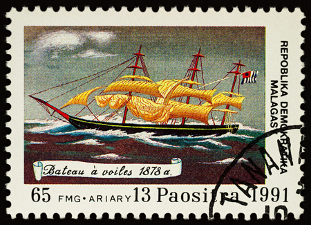 Moscow, Russia - November 19, 2017: A stamp printed in Madagascar shows sailing ship of 1878, series "Discovery of America", circa 1991のeditorial素材