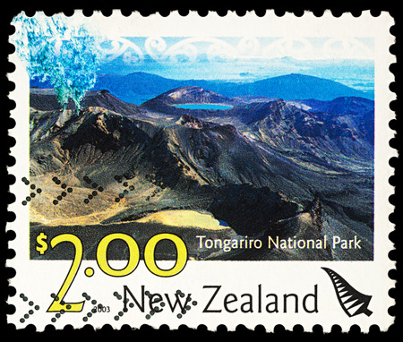 Moscow, Russia - November 25, 2017: A stamp printed in New Zealand, shows Tongariro National Park landscape, series "New Zealand Landscapes", circa 2003のeditorial素材