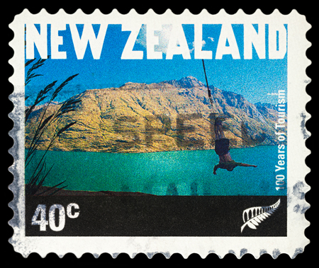 Moscow, Russia - November 25, 2017: A stamp printed in New Zealand, shows bungee jumping in Queenstown, series "The 100th Anniversary of Tourism", circa 2001のeditorial素材