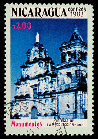 Moscow, Russia - November 26, 2017: A stamp printed in Nicaragua shows Church "La Recoleccion" in Leon, series "Monuments", circa 1983のeditorial素材