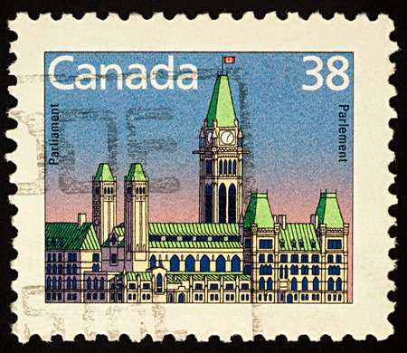 Moscow, Russia - November 26, 2017: A stamp printed in Canada shows Parliament Building of Canada in Ottawa, circa 1988のeditorial素材