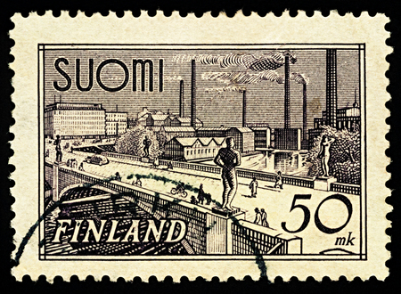 Moscow, Russia - November 26, 2017: A stamp printed in Finland shows Hame Bridge in Tampere, circa 1942のeditorial素材