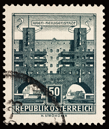 Moscow, Russia - November 30, 2017: A stamp printed in Austria shows Karl Marx Hof, the longest single residential building in the world, series "Architectural Monuments in Austria", circa 1959のeditorial素材