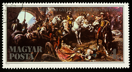 Moscow, Russia - December 30, 2017: A stamp printed in Hungary shows historical painting "Recapture of Buda Castle" by Gyula Benczur (1844-1920), circa 1986のeditorial素材