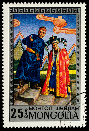 Moscow, Russia - January 06, 2018: A stamp printed in Mongolia, shows Scene from Mongolian Opera Edre, by D. Namdag, series "Mongolian Opera and Drama", circa 1974のeditorial素材