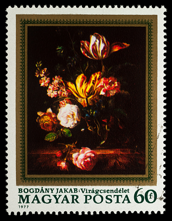 Moscow, Russia - January 22, 2018: A stamp printed in Hungary shows painting "Flowers" by Jakab Bogdany, series "Paintings - Flowers", circa 1977のeditorial素材