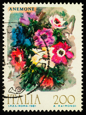Moscow, Russia - January 22, 2018: A stamp printed in Italy shows Anemones, watercolor, series "Flowers", circa 1981のeditorial素材