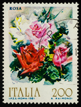 Moscow, Russia - January 222, 2018: A stamp printed in Italy shows Bouquet of roses, watercolor, series "Flowers", circa 1981のeditorial素材