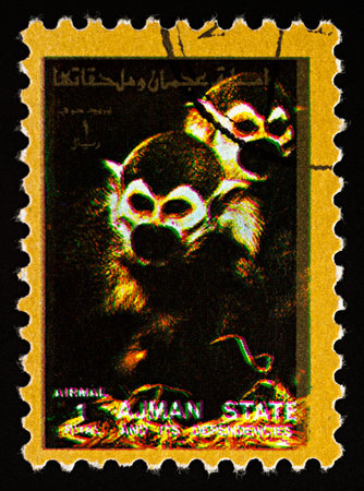 Moscow, Russia - February 02, 2018: A stamp printed in Ajman shows two monkeys, series "Animals - Mammals", circa 1973のeditorial素材