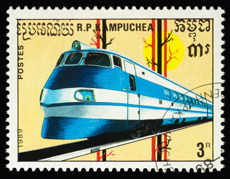 Moscow, Russia - February 06, 2018: A stamp printed in Cambodia, shows high-speed locomotive, series...