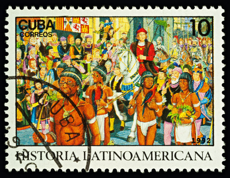 Moscow, Russia - March 02, 2018: A stamp printed in Cuba shows Christopher Columbus welcomed in Barcelona, series "Latin american history", circa 1992のeditorial素材