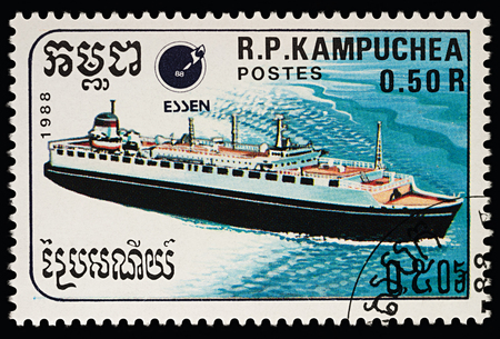 Moscow, Russia - March 13, 2018: A stamp printed in Cambodia shows passenger cruise liner, series "Ships", circa 1988のeditorial素材