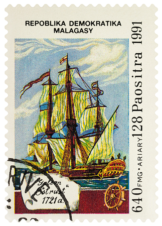 Moscow, Russia - March 17, 2018: A stamp printed in Madagascar shows sailing ship, Galleon "Ostrust" (1721), series "Discovery of America", circa 1991のeditorial素材