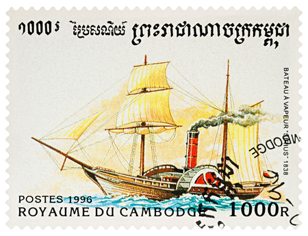 Moscow, Russia - March 22, 2018: A stamp printed in Cambodia shows old paddle steamer "Sirius" (1838), series "Ships", circa 1996のeditorial素材