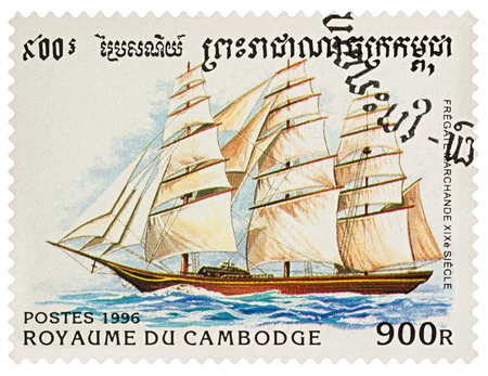 Moscow, Russia - March 21, 2018: A stamp printed in Cambodia shows sailing ship frigate, 19th cent., series "Ships", circa 1996のeditorial素材