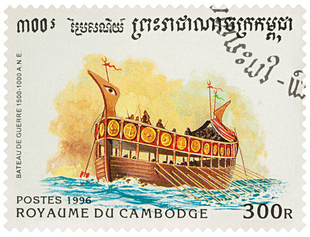 Moscow, Russia - March 21, 2018: A stamp printed in Cambodia shows ancient warship galley (1500-1000 BC), series "Ships", circa 1996のeditorial素材
