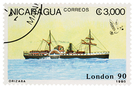 Moscow, Russia - March 25, 2018: A stamp printed in Nicaragua shows old paddle-steamer Orizaba,...
