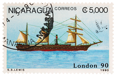 Moscow, Russia - March 24, 2018: A stamp printed in Nicaragua shows old steam ship "S. S. Lewis", series "Old Steam Ships", circa 1990のeditorial素材