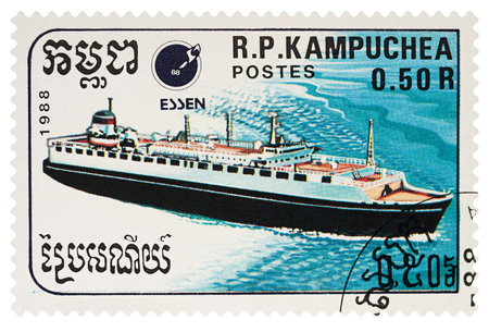 Moscow, Russia - April 01, 2018: A stamp printed in Cambodia shows passenger cruise liner, series "Ships", circa 1988のeditorial素材