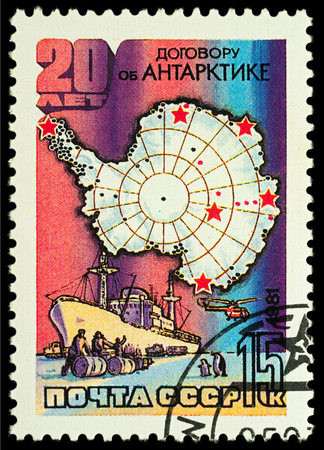 Moscow, Russia - April 03, 2018: A stamp printed in USSR (Russia) shows map of Antarctica and ship, series "Soviet Antarctic Researches", circa 1981のeditorial素材