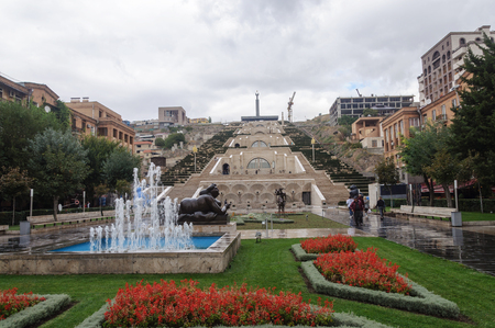 Yerevan, Armenia - October 04, 2017: Cascade complex with gallery of modern art in Yerevan, rainy autumn dayのeditorial素材