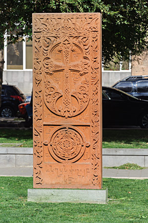 Yerevan, Armenia - October 05, 2017: Cross-stone 1584, Old Julfa. Distructed in 2005. Restored in 2015のeditorial素材